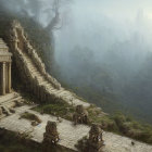 Misty forest surrounds ancient temple ruins with ornate stairs