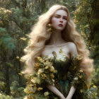 Blond woman in green leaf dress in mystical forest