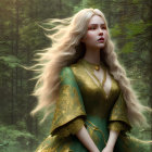 Regal woman with long white hair and golden crown in ornate dress in forest