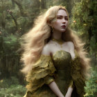 Blonde woman in greenery-themed dress in mystical forest