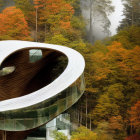 Curved modern building in autumn forest with foggy backdrop