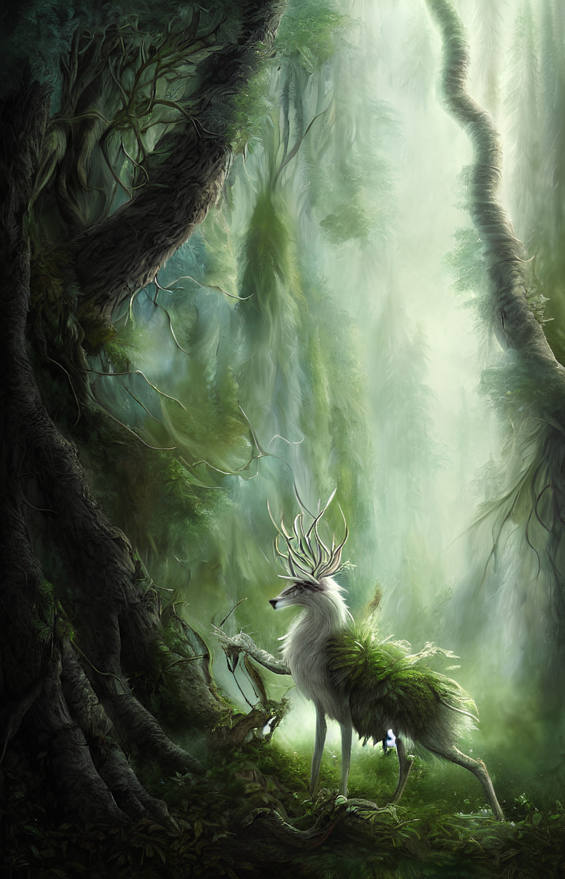 Mystical creature with deer antlers and wolf-like body in green forest