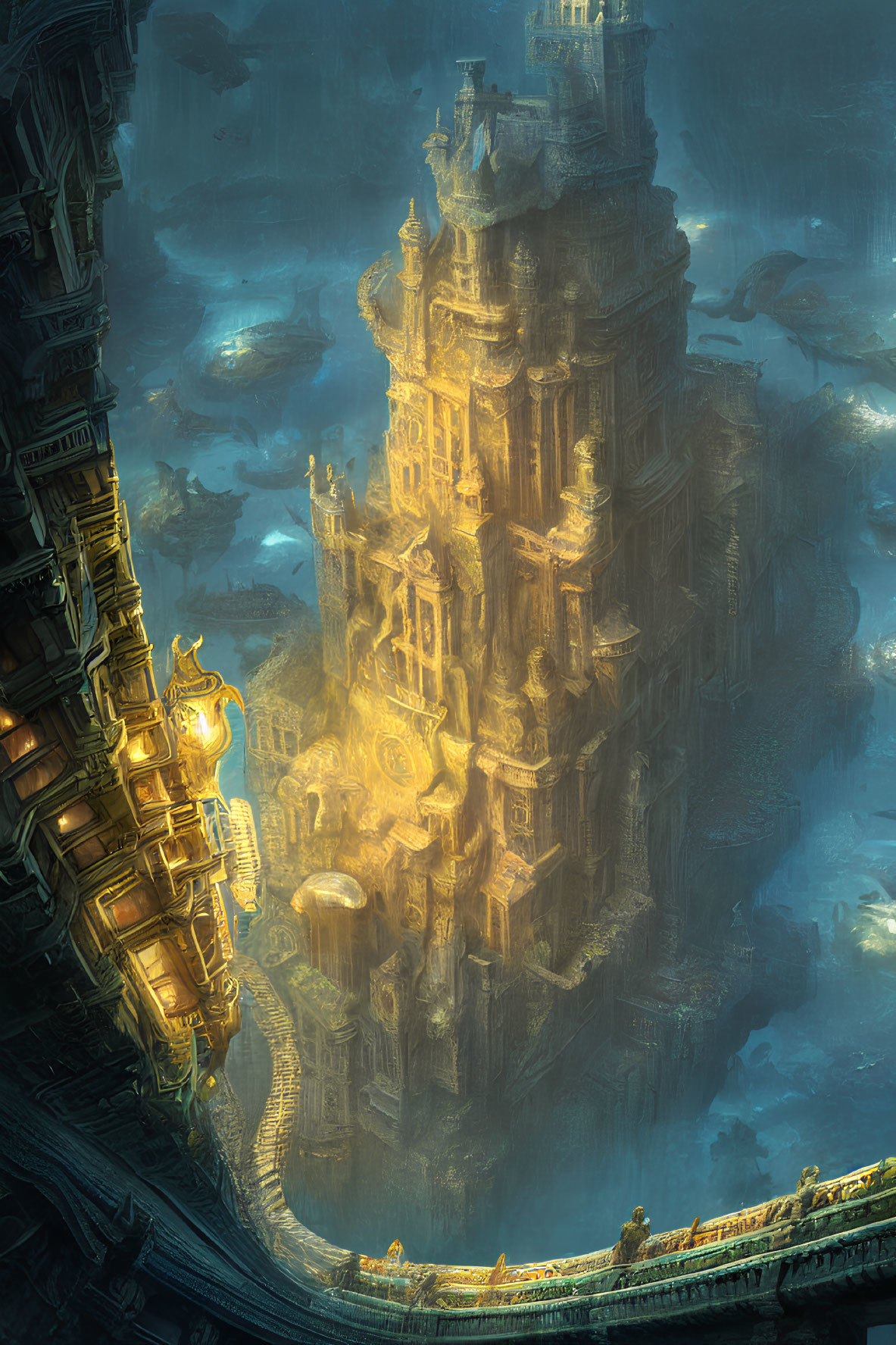 Fantastical golden-lit tower in abyss with flying vessels