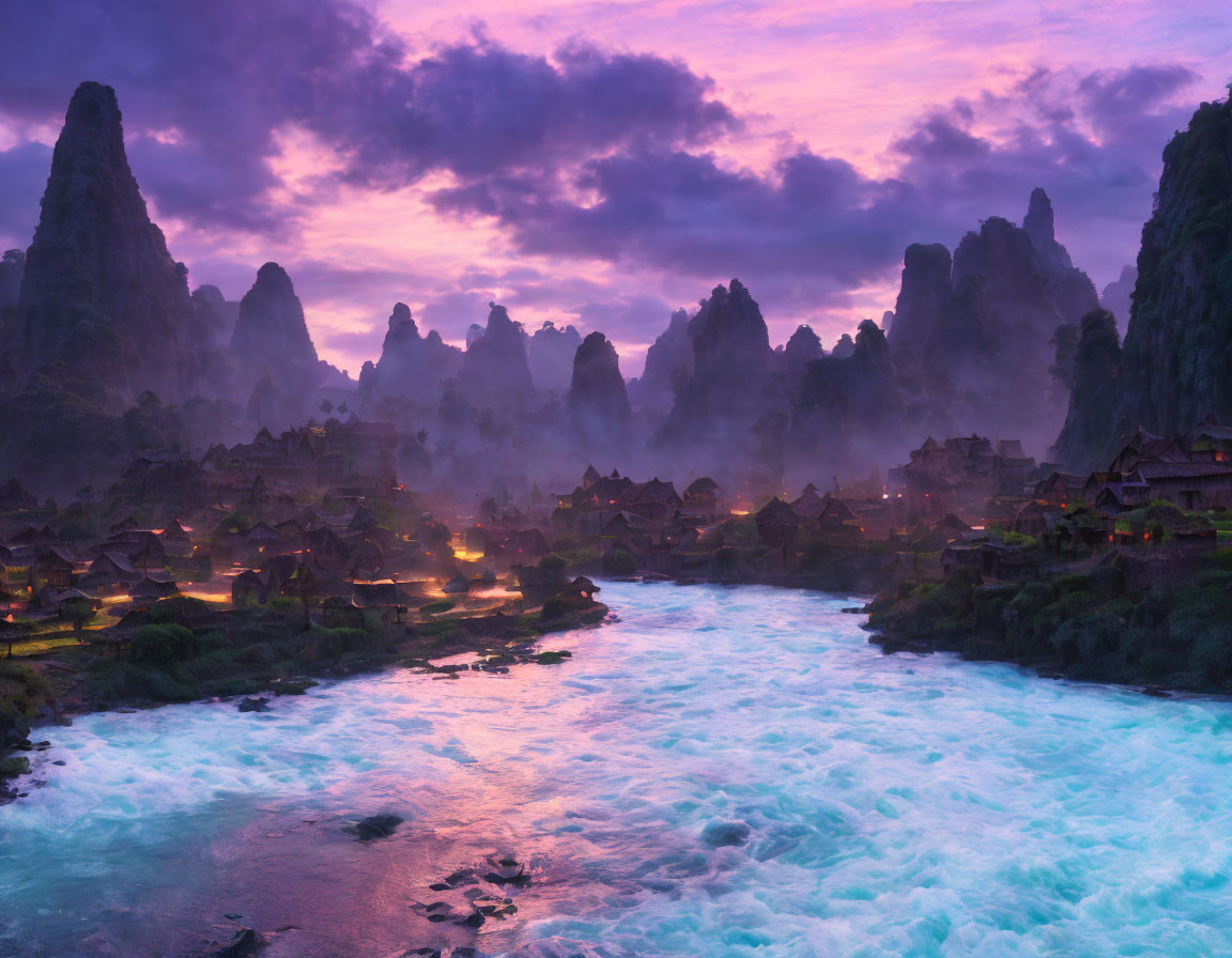 Fantasy landscape with towering rocks, glowing river, and illuminated houses under purple twilight sky