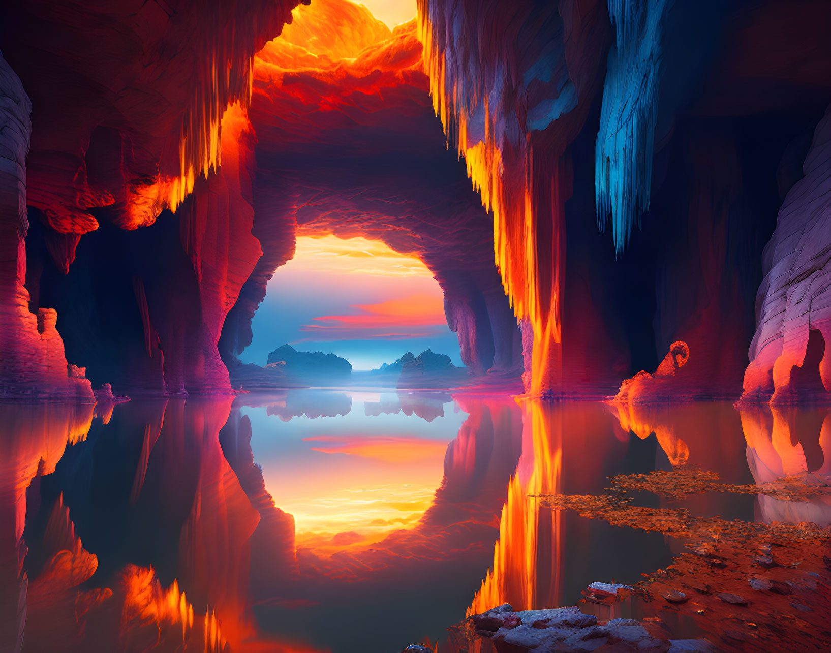 Majestic cave with fiery sky reflection and dramatic lighting