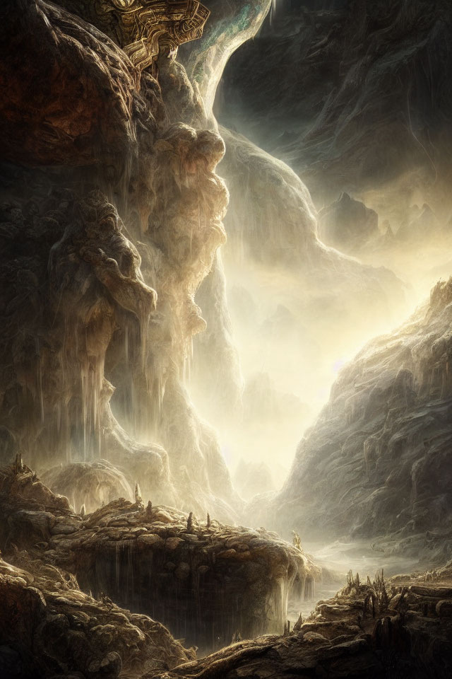 Ethereal subterranean landscape with waterfalls and mystical light