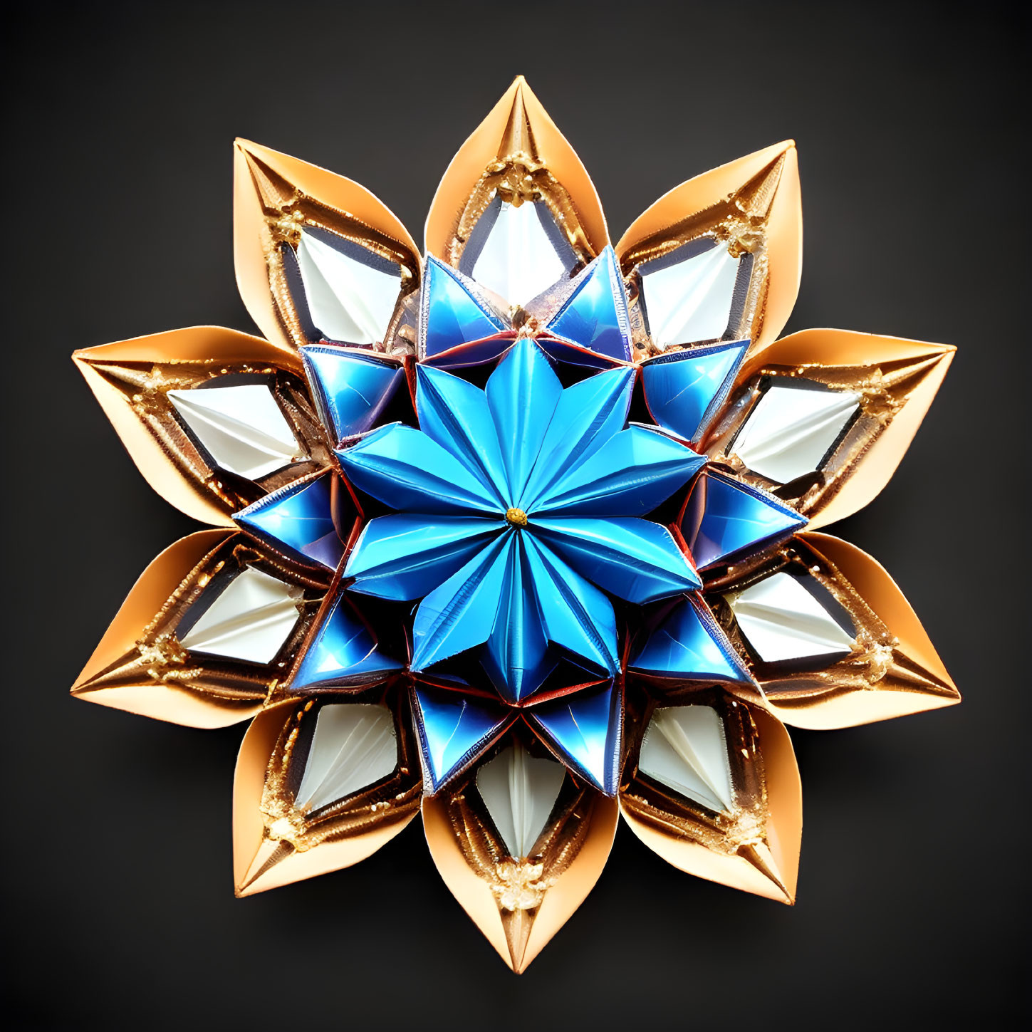 Symmetrical golden flower with blue and mirrored petals on dark background