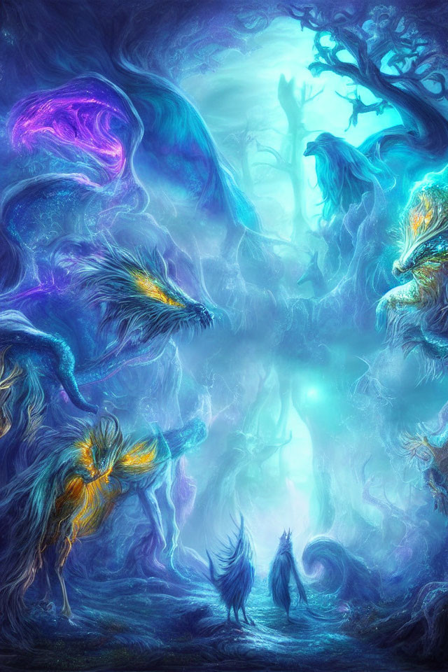 Mystical forest with vibrant creatures and luminescent trees