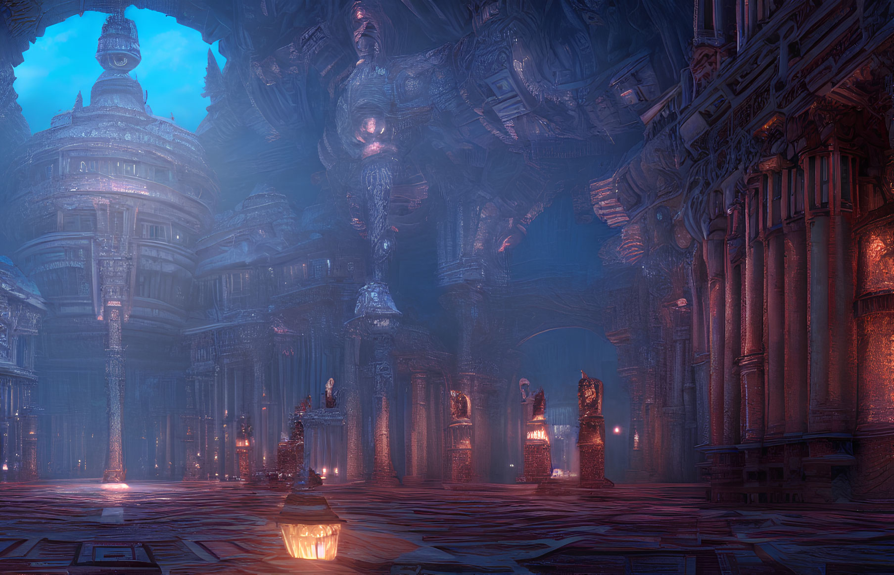 Futuristic grand hall with blue lighting, high ceilings, pillars, and statues