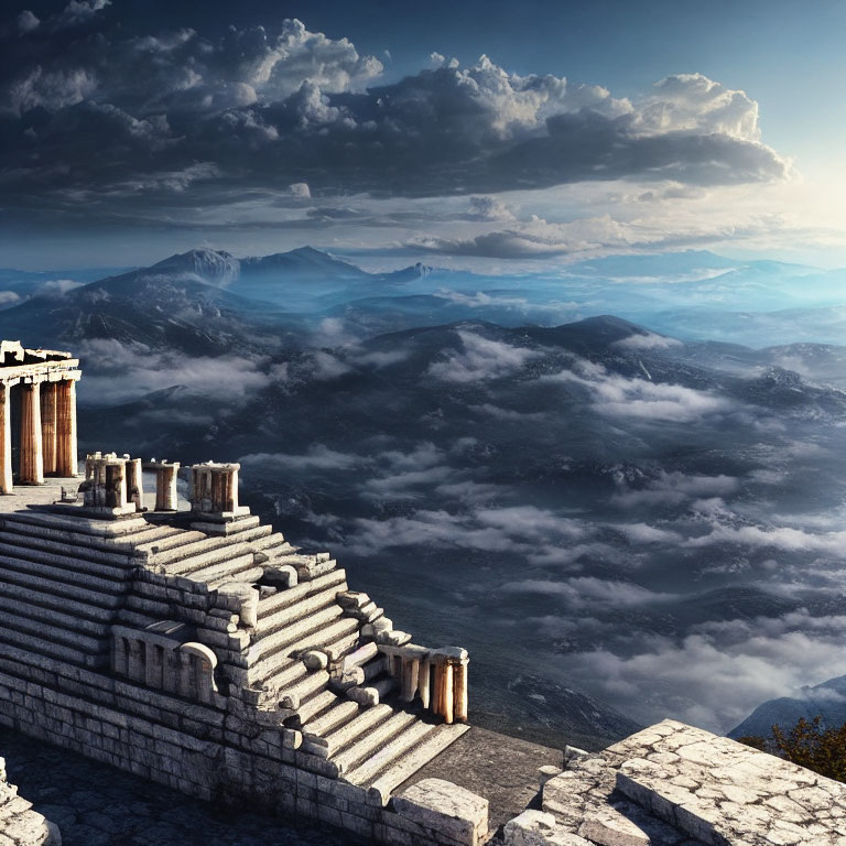 Ancient stone ruins on mountain top with mist-covered hills under dramatic cloudy sky