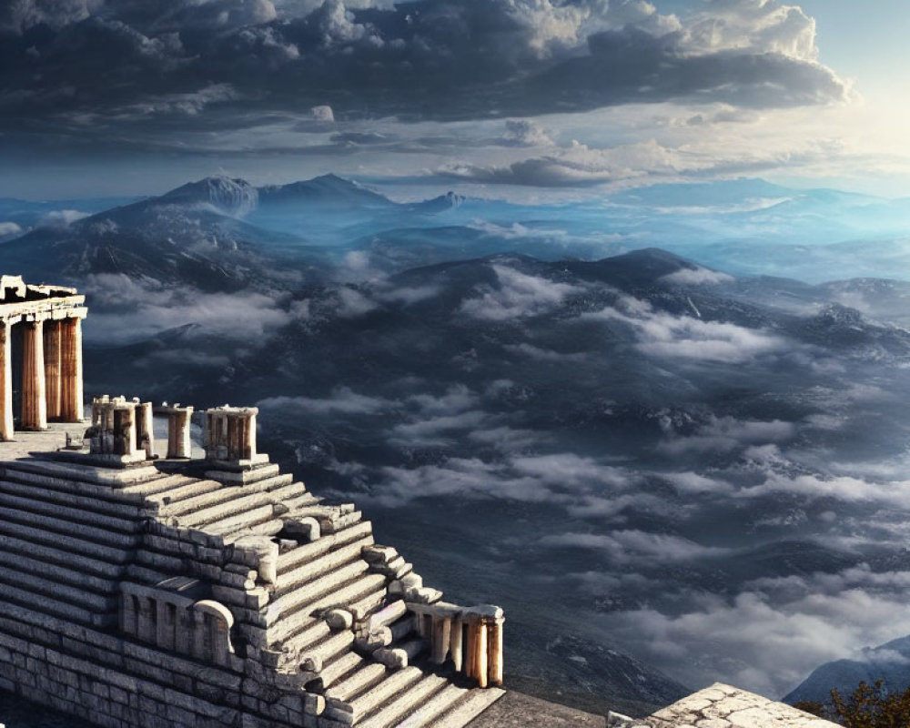 Ancient stone ruins on mountain top with mist-covered hills under dramatic cloudy sky