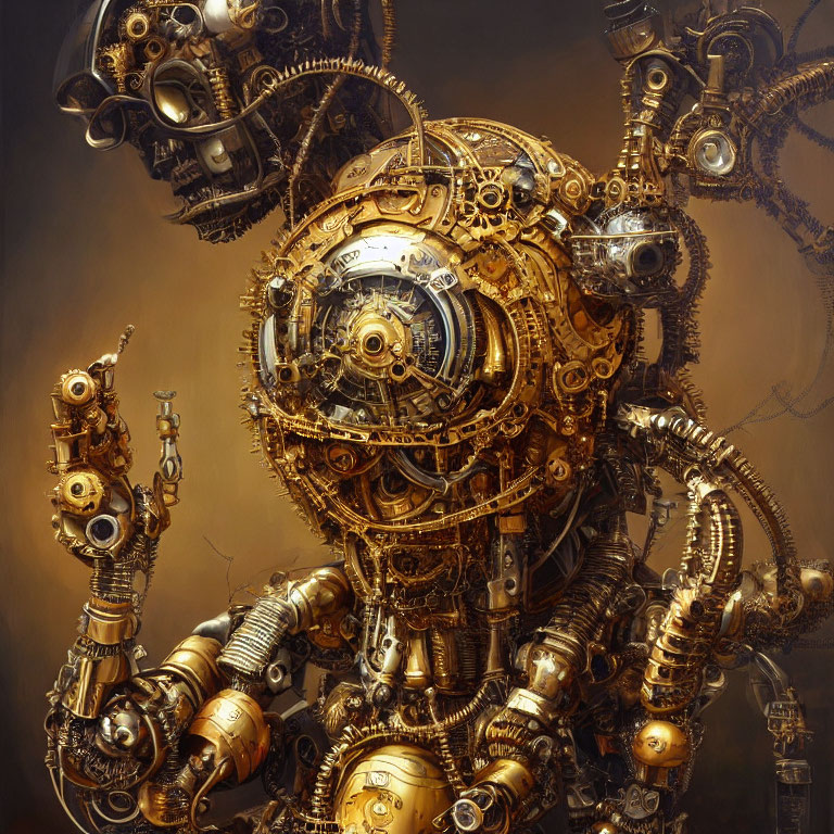 Detailed Steampunk-Style Robot with Golden Hue