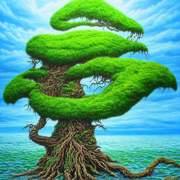 Surreal painting: twisted tree with spiral branches by tranquil sea