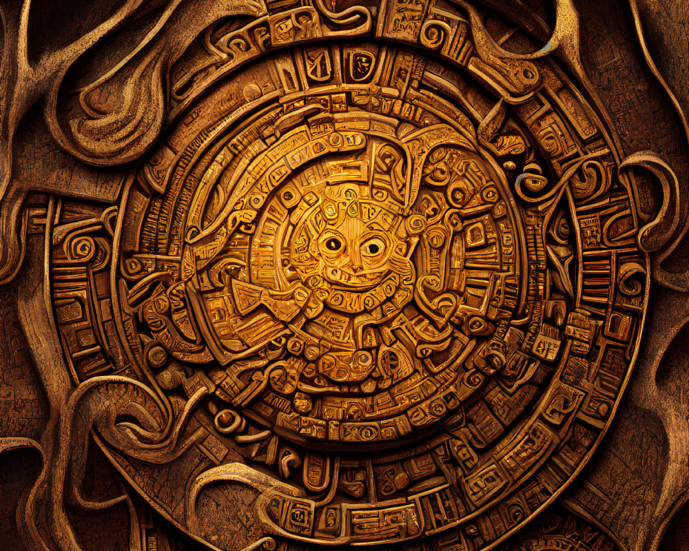 Circular stone calendar with Aztec or Mayan-style carvings and symbols in warm tones