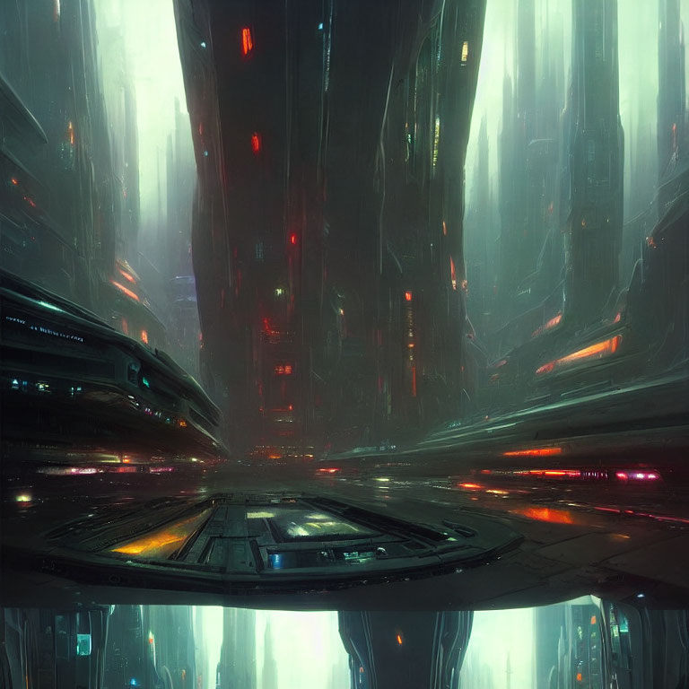 Futuristic cityscape with sleek skyscrapers in misty neon glow