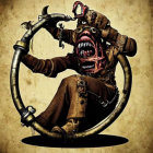 Grotesque figures in steampunk helmets against sepia background