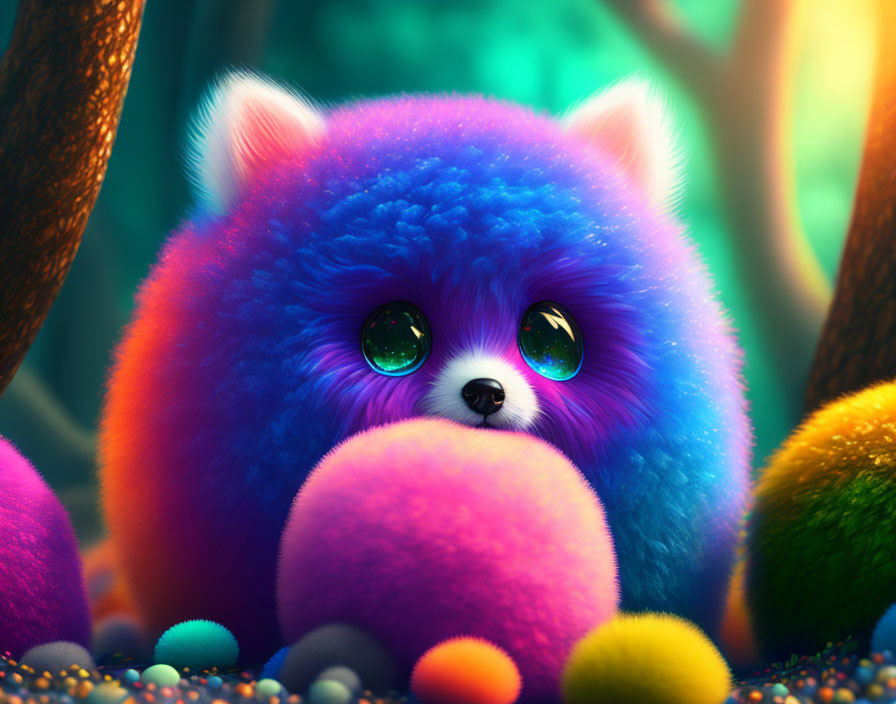 Colorful fluffy creature with blue and purple fur in fantasy forest scene