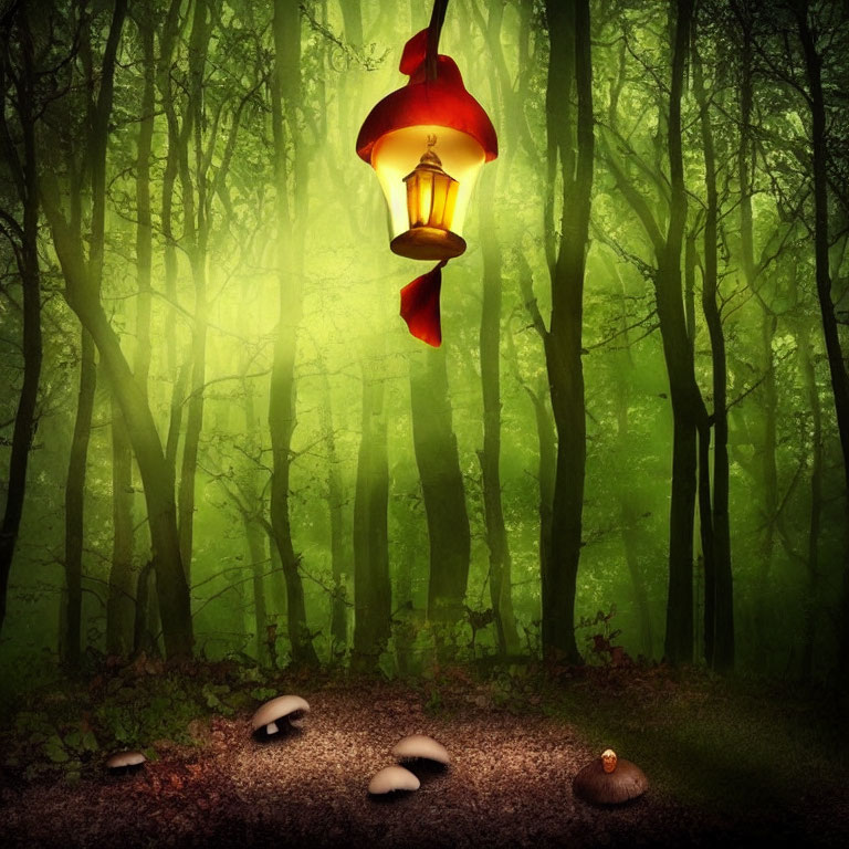 Red-capped lantern illuminates mystical forest floor in green fog