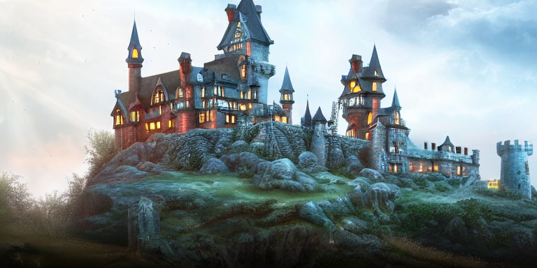 Majestic fantasy castle on grassy hill at dusk