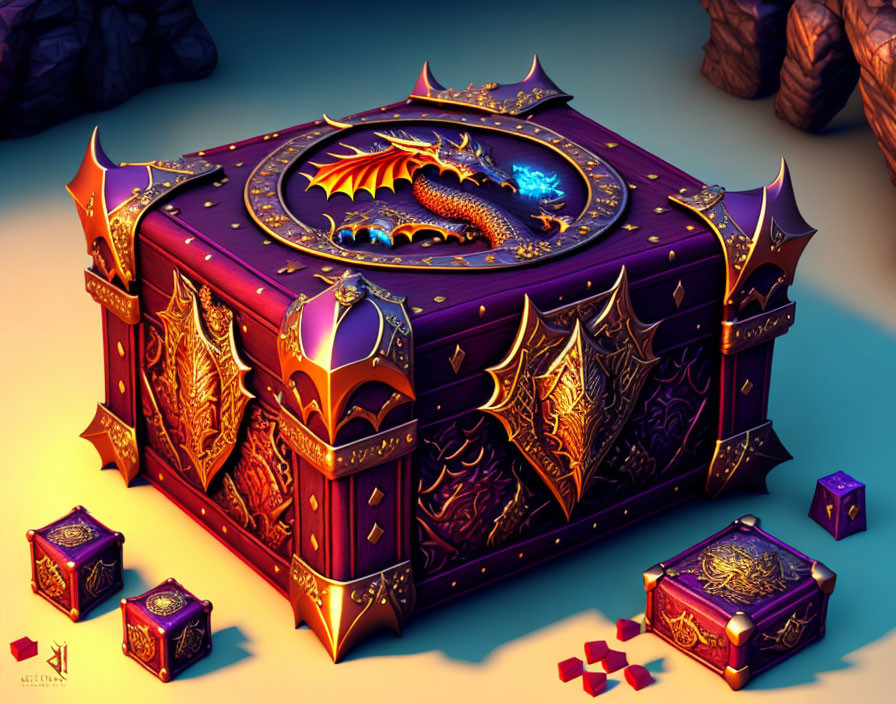 Fantasy-style chest with dragon motifs and jewel accents on rocky backdrop