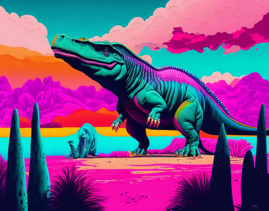 Colorful illustration: Large green and purple dinosaur in surreal desert with cacti & second dinosaur.