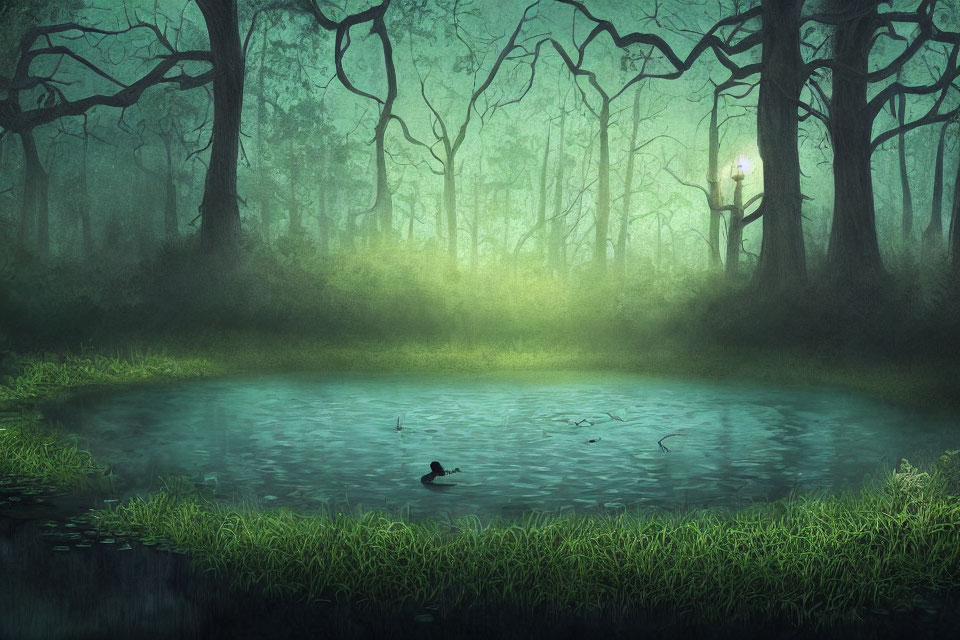 Tranquil pond scene with duck, forest, and lamppost