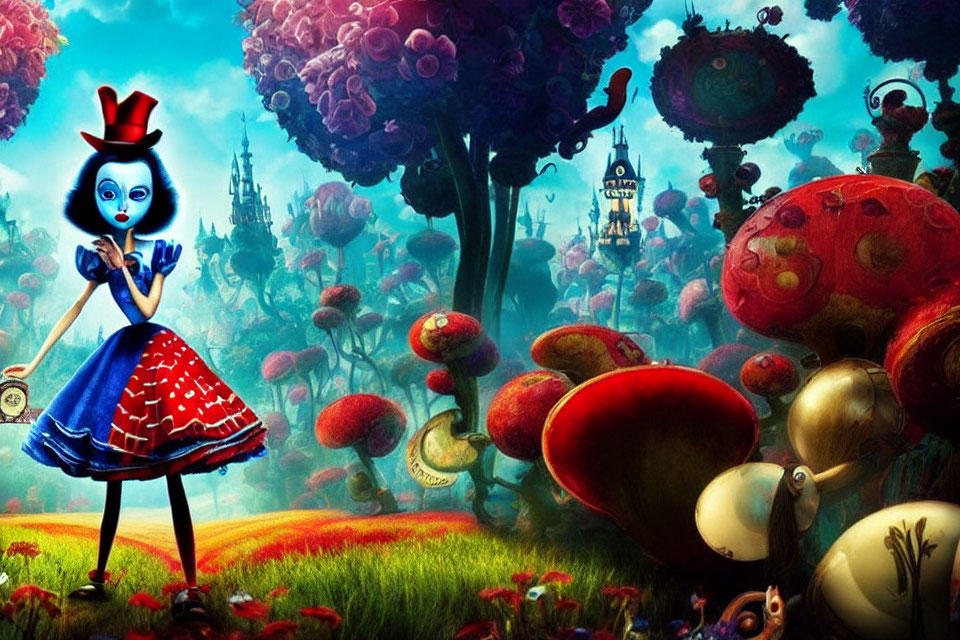 Stylized animated female character in blue face and red dress in whimsical mushroom forest