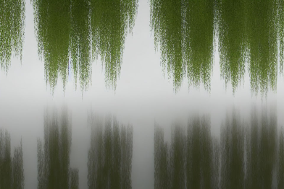 Tranquil landscape: Weeping willows reflected on calm water surface in misty ambiance