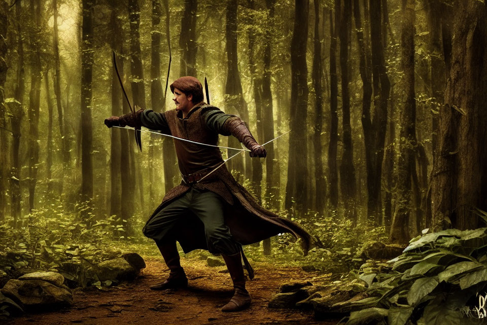 Medieval archer in forest with sunbeams