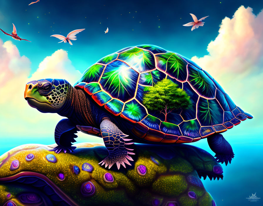 Colorful artwork of turtle with starry night shell and tree on vibrant land