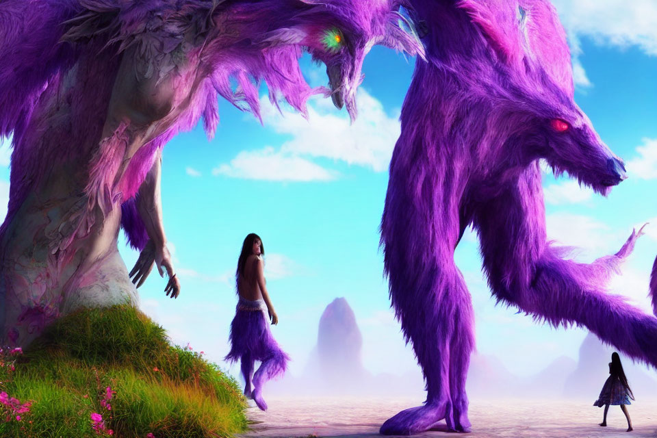 Girl Confronts Purple Wolf-like Creatures in Colorful Landscape