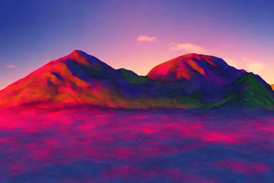 Surreal landscape digital art with purple and red hues, two mountains, twilight sky, stars