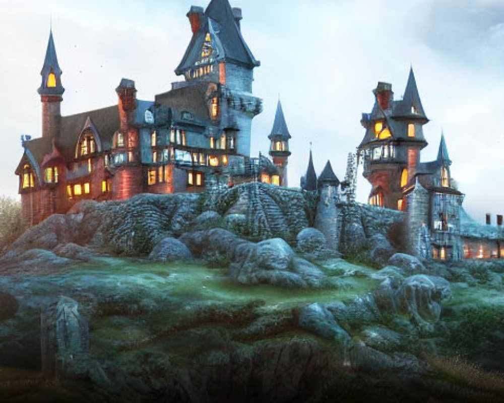 Majestic fantasy castle on grassy hill at dusk