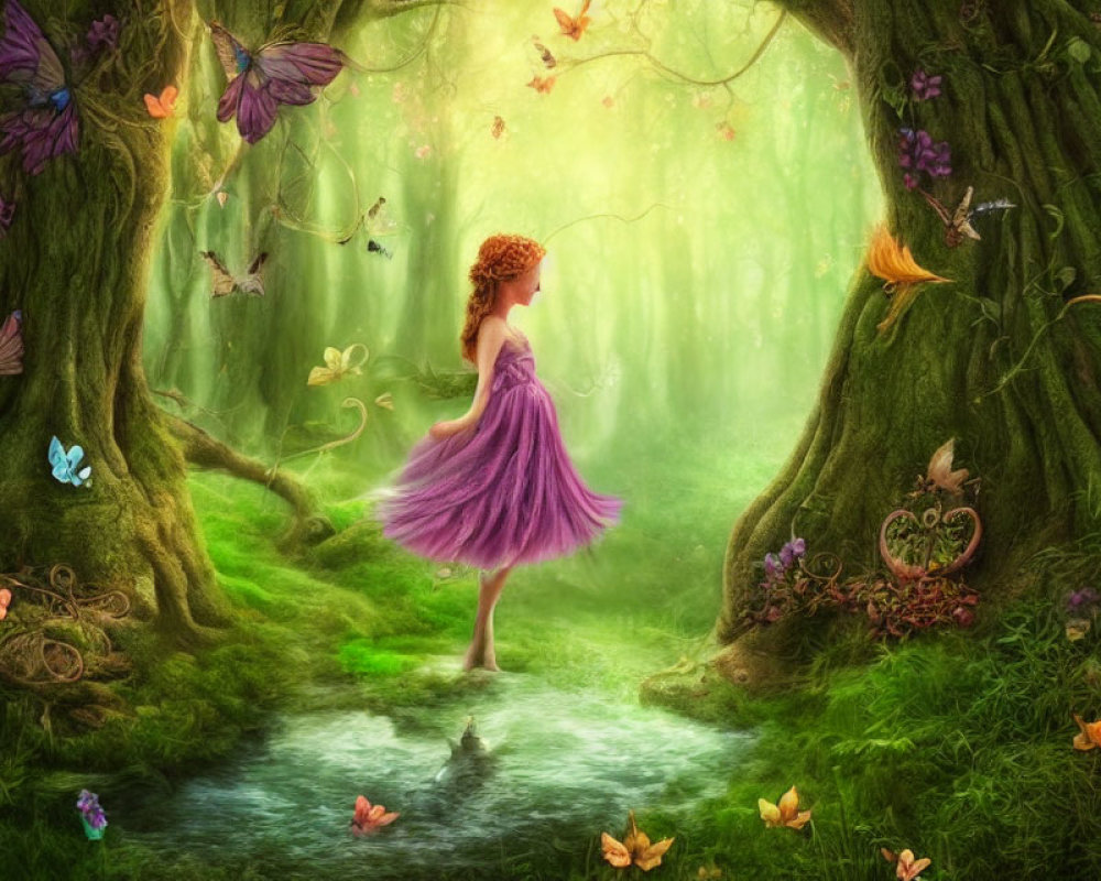 Colorful Artwork: Woman in Purple Dress in Enchanted Forest with Butterflies