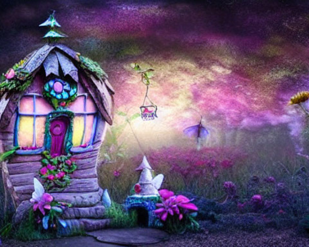 Whimsical fairy house in magical garden with vibrant flowers and butterflies