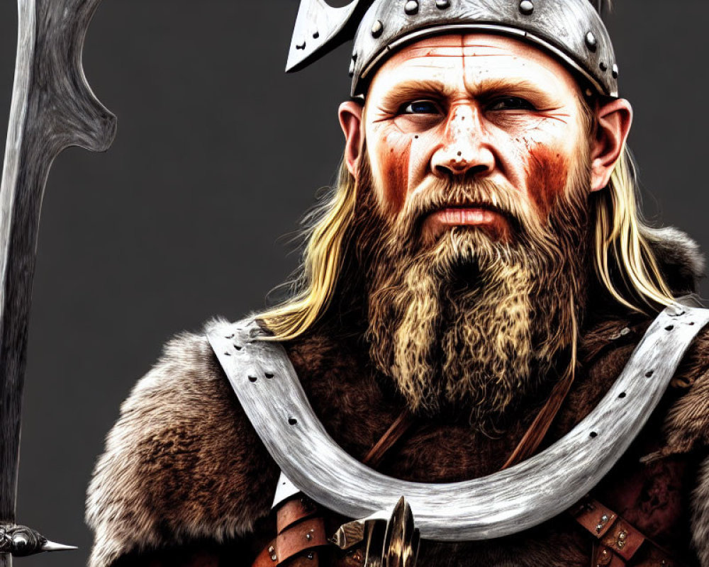 Digital artwork of Viking warrior with beard, helmet, fur armor, spear on grey backdrop