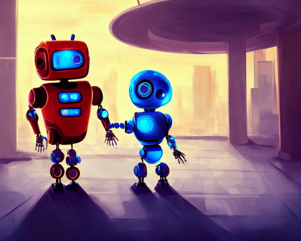 Colorful humanoid robots holding hands in warmly lit room