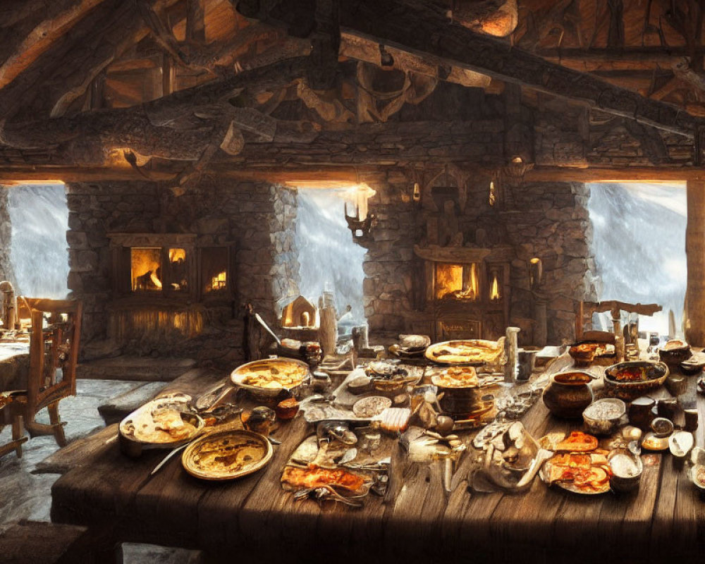 Rustic feast hall with dual fireplaces, wooden beams, and mountain view