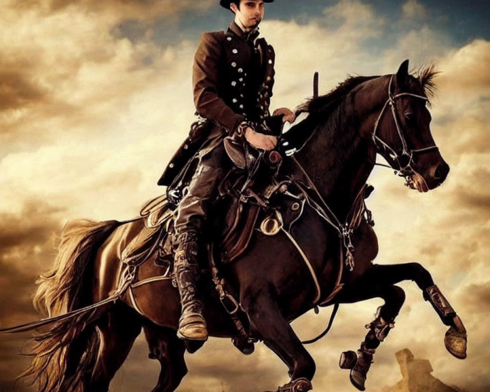 Historical figure on horseback under dramatic sky