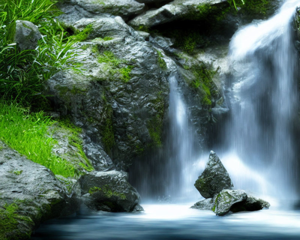 Tranquil waterfall amidst lush greenery