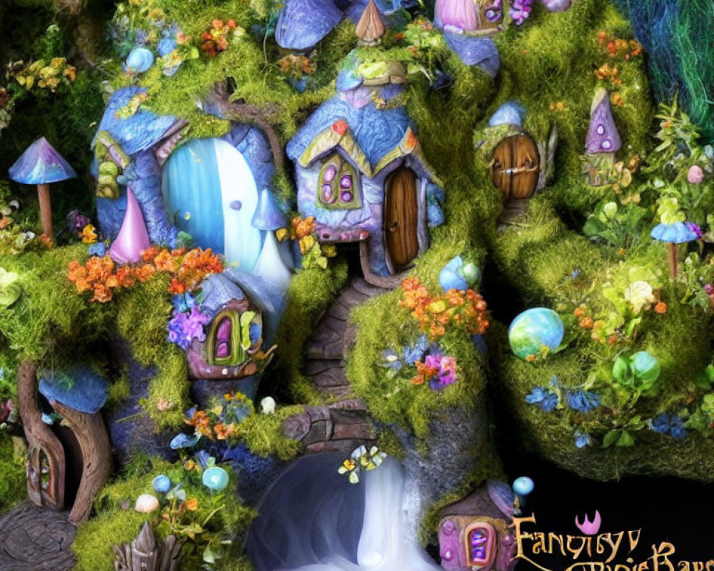 Colorful fairy village with mushroom houses and waterfall