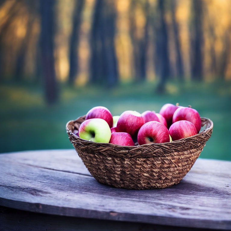 Basket with Red and Green Apple on Wooden Surface in Forest Setting