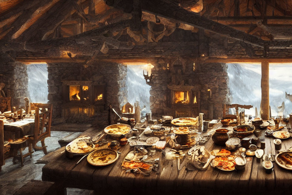 Rustic feast hall with dual fireplaces, wooden beams, and mountain view