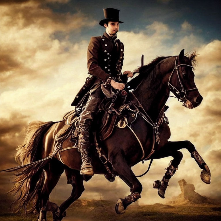 Historical figure on horseback under dramatic sky