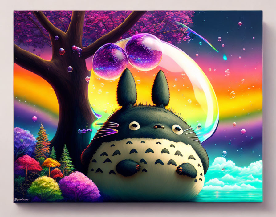 Vibrant whimsical illustration of creature under tree surrounded by colorful nature.