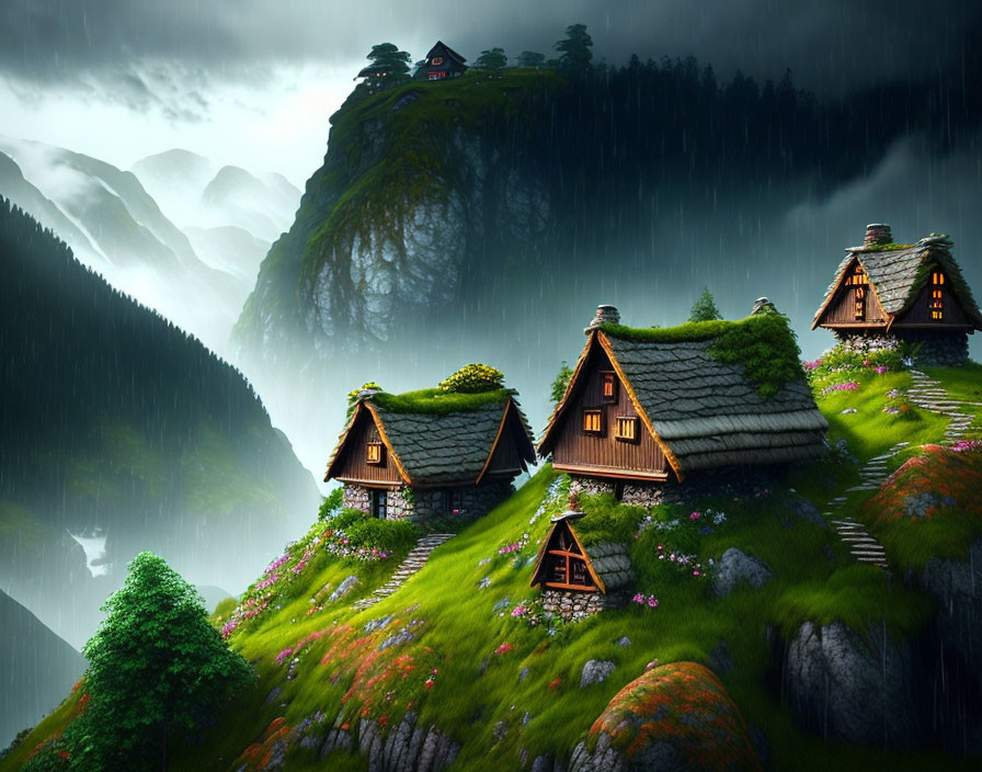 Mystical landscape with cottages on green hills under rainy sky