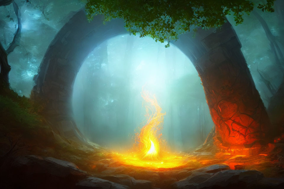 Mystical forest clearing with fiery phoenix rebirth in ancient ruins