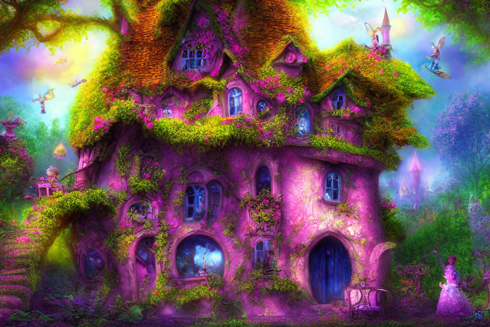 Pink and Green Fairy Tale Cottage Surrounded by Fairies in Magical Forest