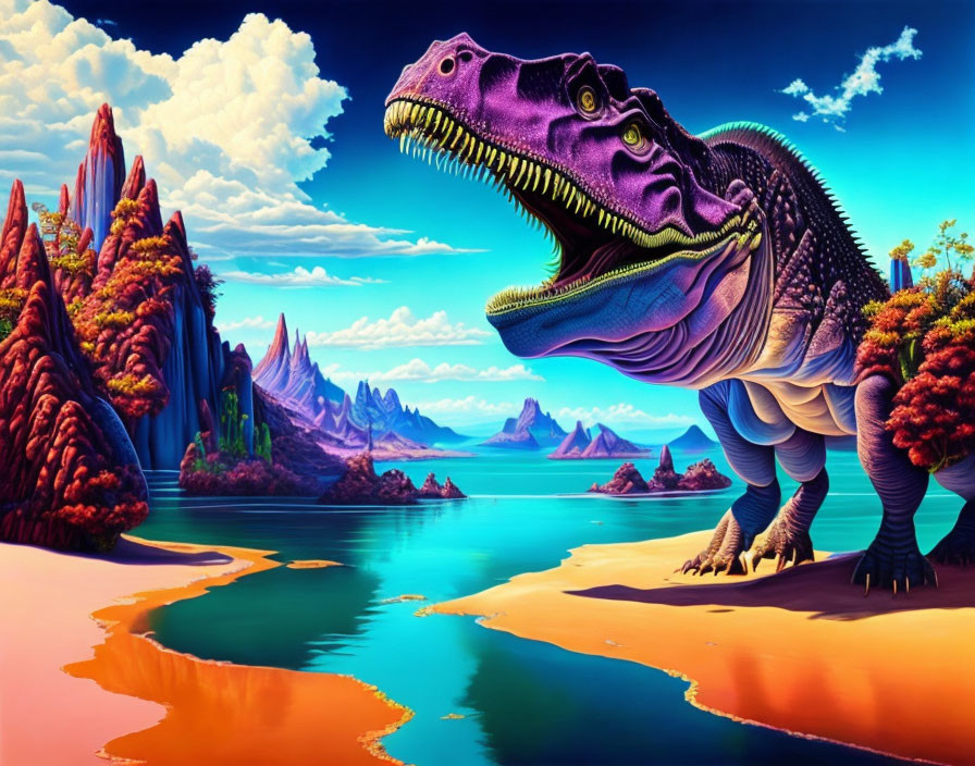 Colorful fantasy artwork: Purple dinosaur on vibrant beach