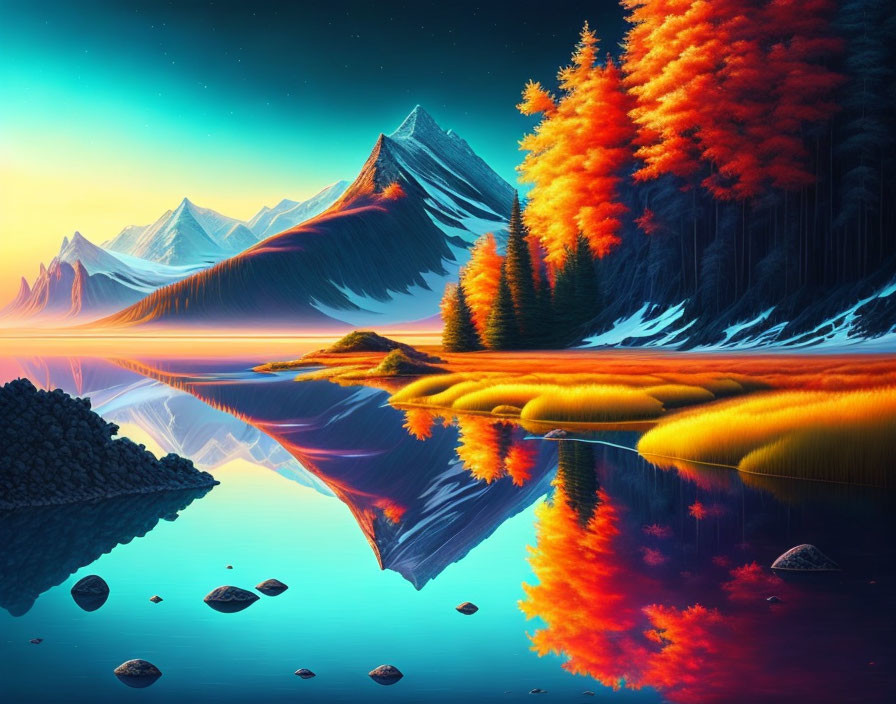 Colorful Autumn Trees in Reflective Digital Landscape